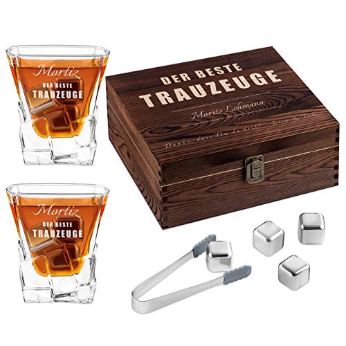 Personalisierte Holzbox mit Whiskey-Gläsern