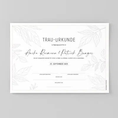 Hochzeitsurkunde Blätter personalisiert