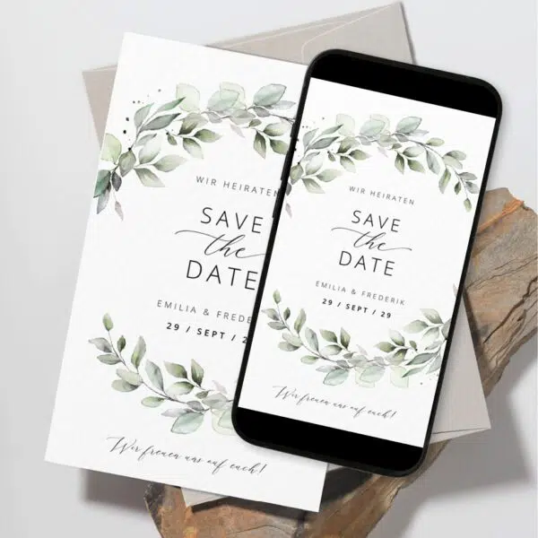 Save the Date Green Wedding Eukalyptus